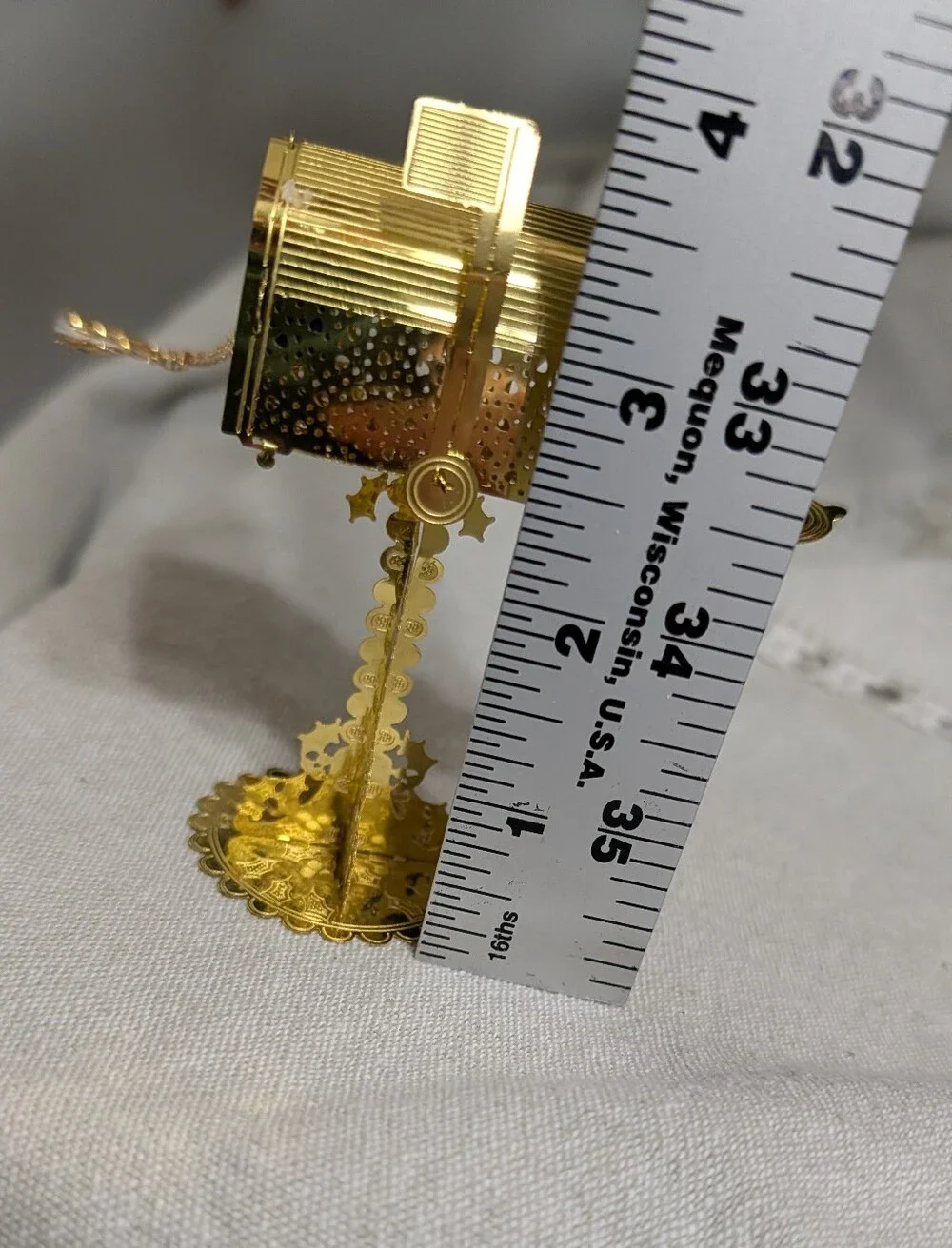 Vtg Christmas Ornament Gold Brass Metal Filigree Mailbox Shiny Santa Letter